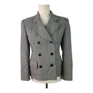 Talbots Black Cream Houndstooth Wool Double Breasted Blazer Jacket 2 P